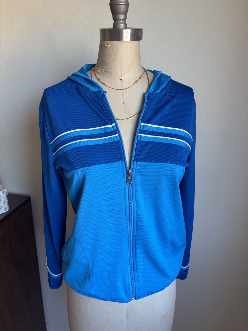 Blue Two-Tone Zip Hoodie with Striped Detail